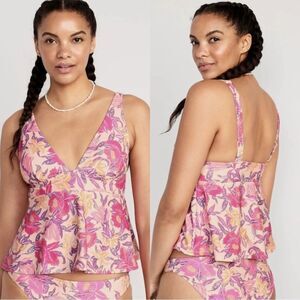 Old Navy Peach Floral V-Neck Swing Tankini Top + High Waisted Bikini Bottom Set